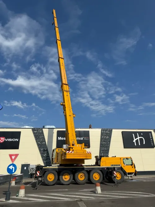 Automacara cu brațul extins la înălțime maximă, lângă acoperișul unui centru comercial.